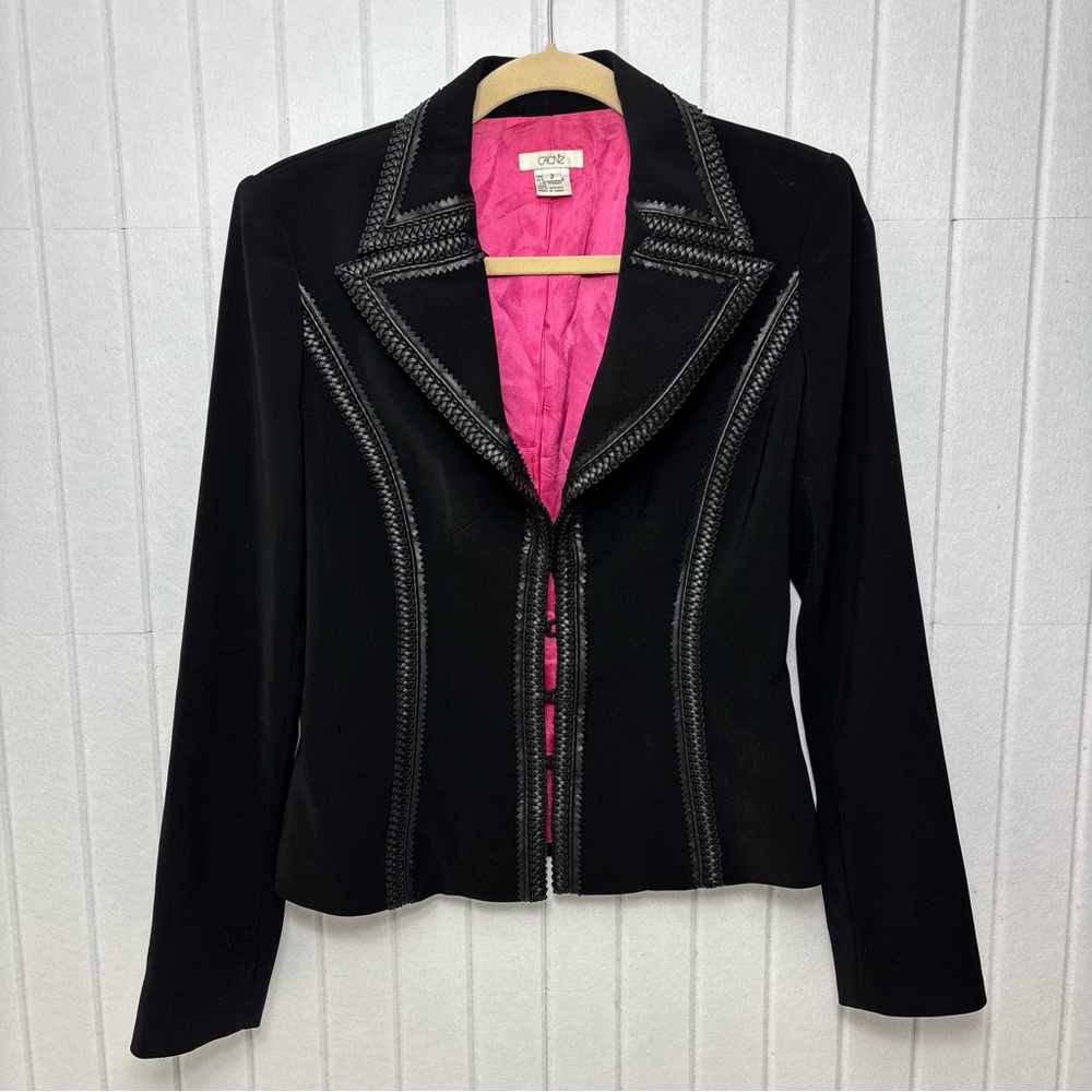 Vintage Cache Black Suit Jacket With Braided Faux‎ Leather Piping Women’s Size 2